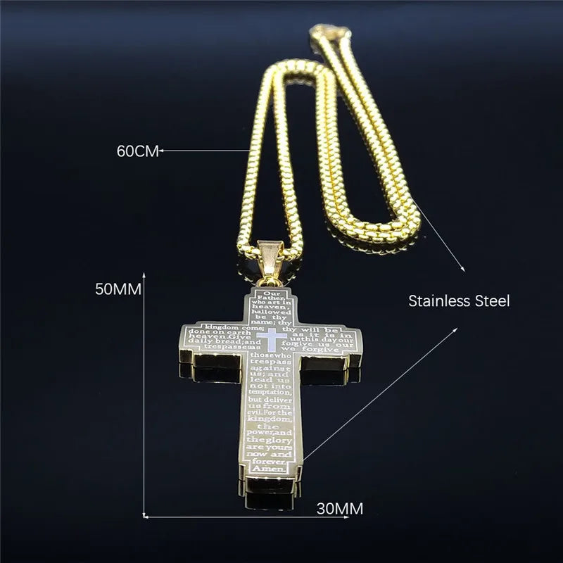 Christian Cross Holy Bible Necklace for Woman Stainless Steel Gold Color Our Father Men Chain Jewelry Biblia Da Mulher N7423S02