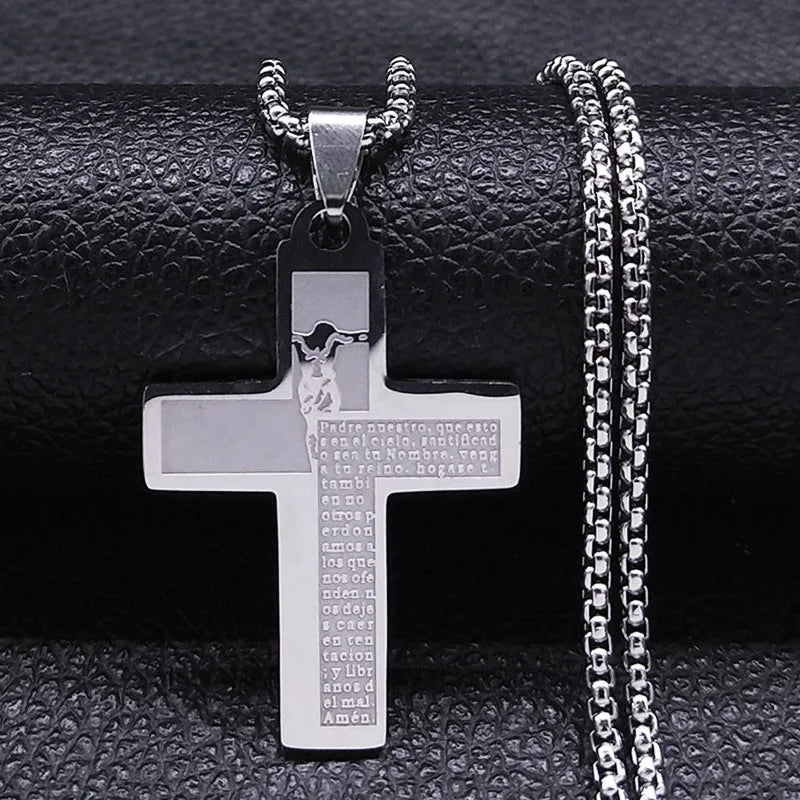 Christian Cross Holy Bible Necklace for Woman Stainless Steel Gold Color Our Father Men Chain Jewelry Biblia Da Mulher N7423S02
