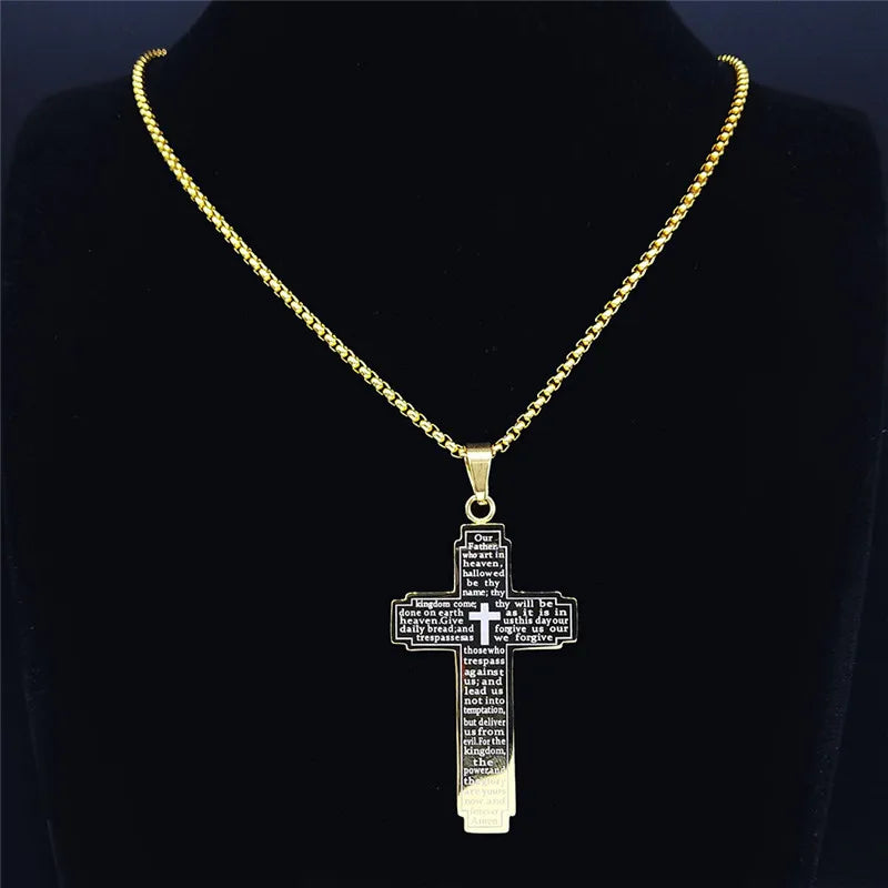 Christian Cross Holy Bible Necklace for Woman Stainless Steel Gold Color Our Father Men Chain Jewelry Biblia Da Mulher N7423S02