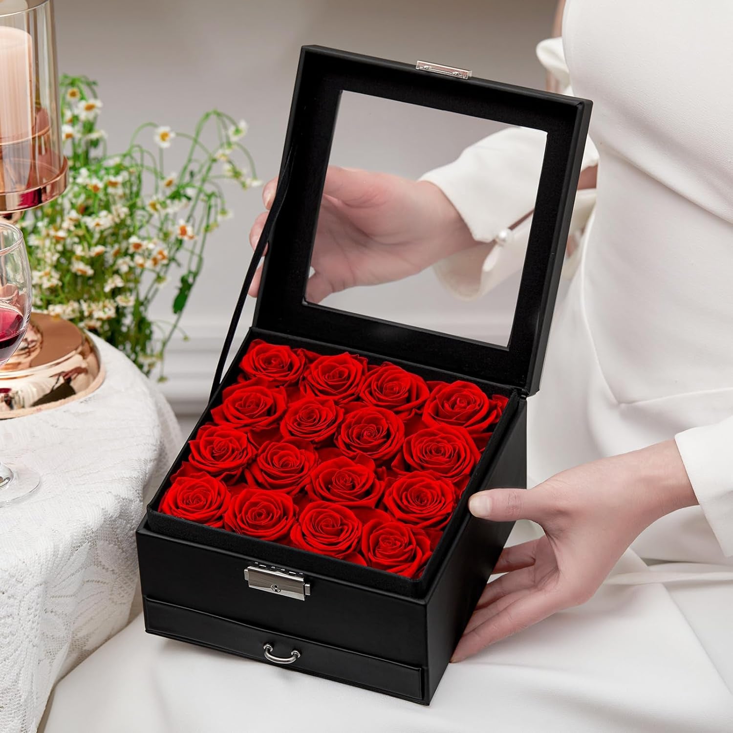 16-Piece Forever Flowers Gifts for Mother Wife Grandma Preserved Roses That Last over a Year Anniversary Birthday (Red, Black PU Jewelry Box)