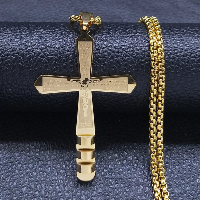 Christian Cross Holy Bible Necklace for Woman Stainless Steel Gold Color Our Father Men Chain Jewelry Biblia Da Mulher N7423S02