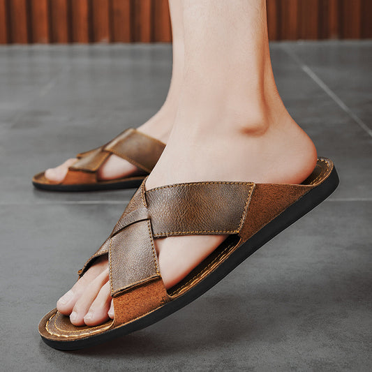 Summer New Genuine Leather Men's Breathable Casual Slip-on Beach Sandals