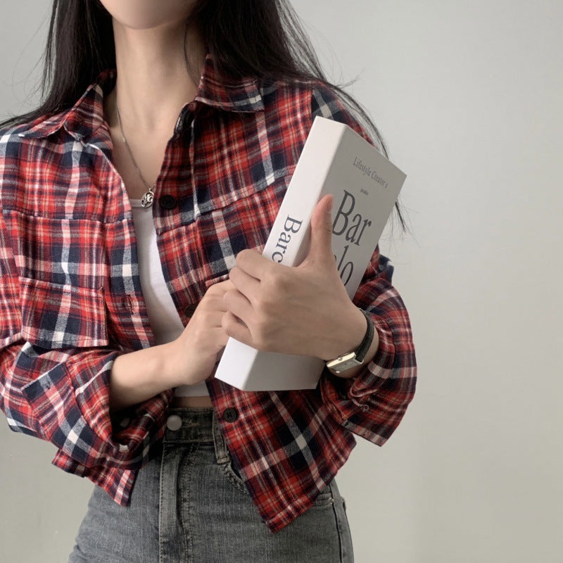 Short Long Sleeve Plaid Shirt Fashion Baggy Coat
