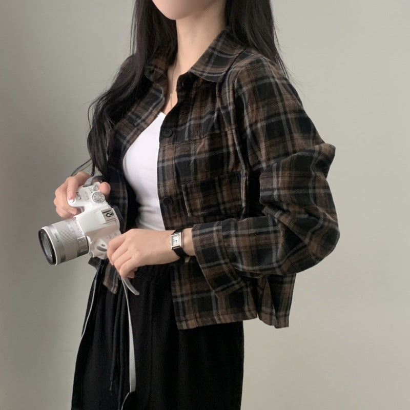 Short Long Sleeve Plaid Shirt Fashion Baggy Coat