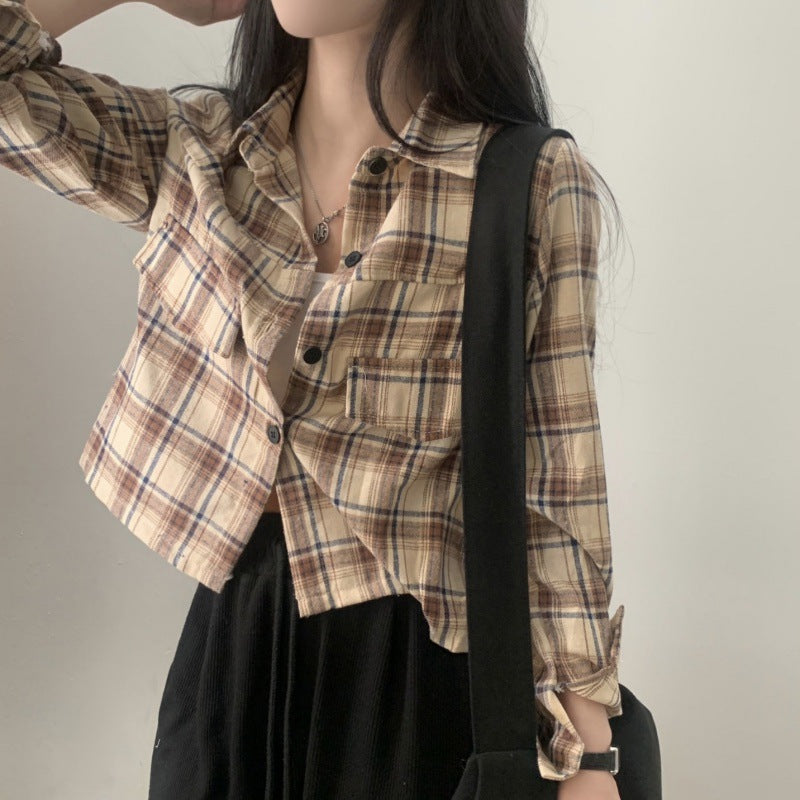 Short Long Sleeve Plaid Shirt Fashion Baggy Coat