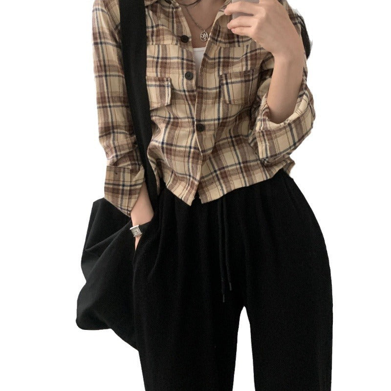 Short Long Sleeve Plaid Shirt Fashion Baggy Coat