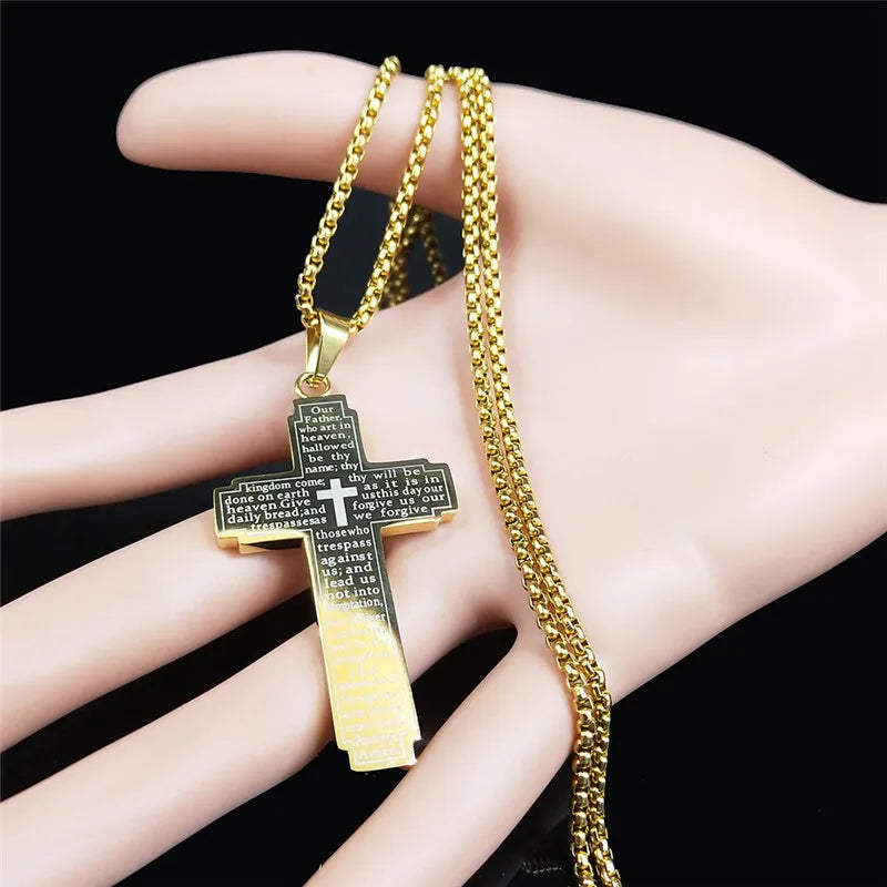 Christian Cross Holy Bible Necklace for Woman Stainless Steel Gold Color Our Father Men Chain Jewelry Biblia Da Mulher N7423S02