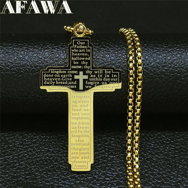 Christian Cross Holy Bible Necklace for Woman Stainless Steel Gold Color Our Father Men Chain Jewelry Biblia Da Mulher N7423S02