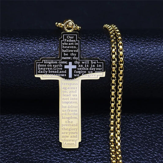 Christian Cross Holy Bible Necklace for Woman Stainless Steel Gold Color Our Father Men Chain Jewelry Biblia Da Mulher N7423S02