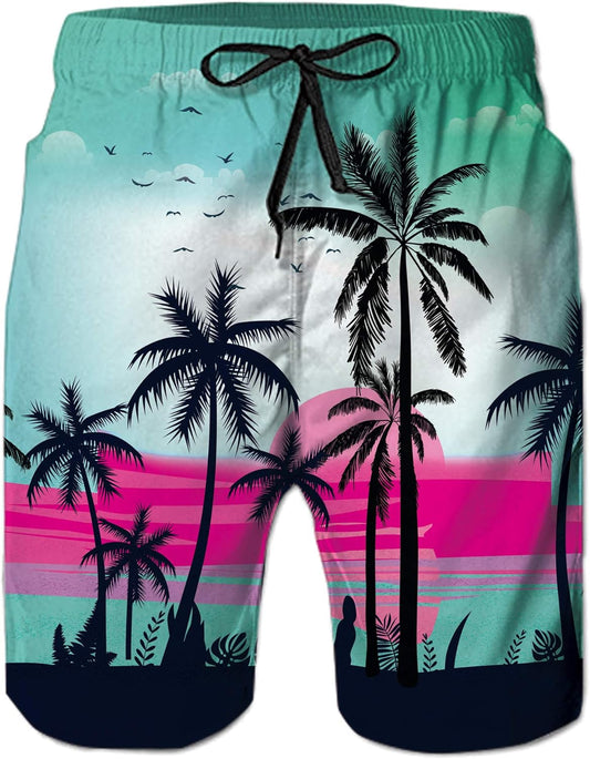 Summer Men'S Gym Sports Shorts Quick Dry Beach Swim Trunks Swimsuit Palm Tree Hawaiian Board Shorts with Mesh Lining