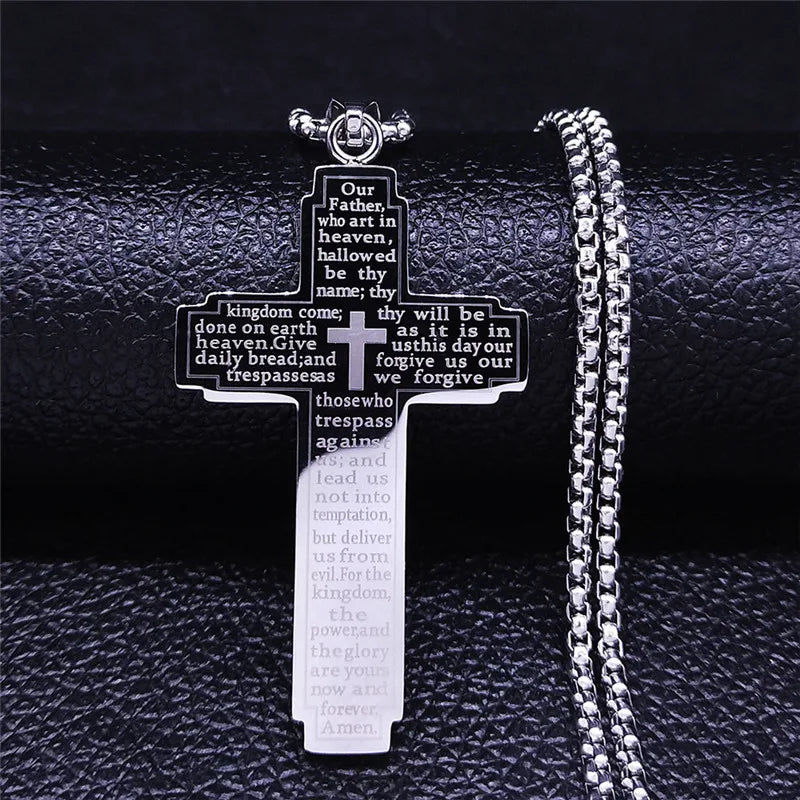Christian Cross Holy Bible Necklace for Woman Stainless Steel Gold Color Our Father Men Chain Jewelry Biblia Da Mulher N7423S02