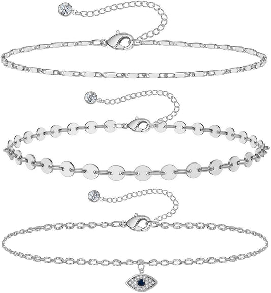 Evil Eye Gold Ankle Bracelets for Women 14K Gold Plated Anklet Silver round Coin Disc Chain Anklets Cubic Zirconia Evil Eye Anklet Dainty Layered Anklet Set 3Pcs